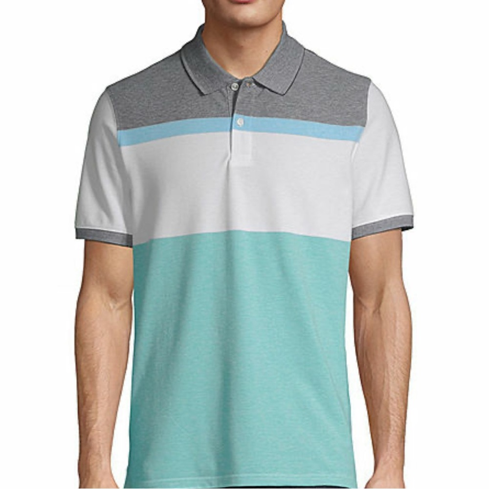Men's Color Block Polo Shirt - Gray, White, and Blue